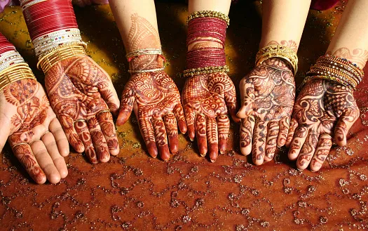 Row of hands decorated with henna patterns and colourful bangles